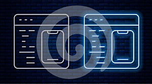 Glowing neon line Software, web developer programming code icon isolated on brick wall background. Javascript computer