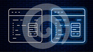 Glowing neon line Software, web developer programming code icon isolated on brick wall background. Javascript computer