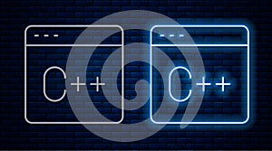 Glowing neon line Software, web developer programming code icon isolated on brick wall background. Javascript computer
