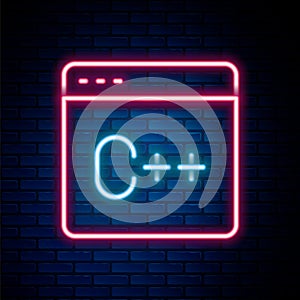 Glowing neon line Software, web developer programming code icon isolated on brick wall background. Javascript computer