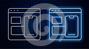 Glowing neon line Software, web developer programming code icon isolated on brick wall background. Javascript computer