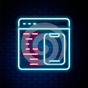 Glowing neon line Software, web developer programming code icon isolated on brick wall background. Javascript computer