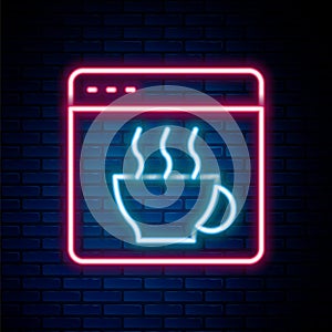 Glowing neon line Software, web developer programming code icon isolated on brick wall background. Javascript computer