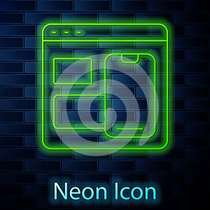 Glowing neon line Software, web developer programming code icon isolated on brick wall background. Javascript computer