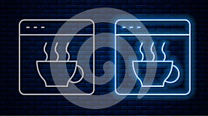 Glowing neon line Software, web developer programming code icon isolated on brick wall background. Javascript computer