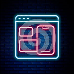 Glowing neon line Software, web developer programming code icon isolated on brick wall background. Javascript computer