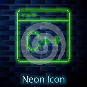 Glowing neon line Software, web developer programming code icon isolated on brick wall background. Javascript computer