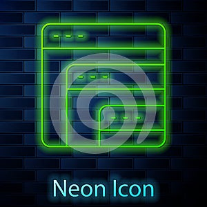Glowing neon line Software, web developer programming code icon isolated on brick wall background. Javascript computer