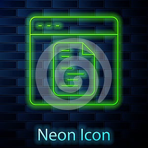 Glowing neon line Software, web developer programming code icon isolated on brick wall background. Javascript computer