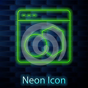 Glowing neon line Software, web developer programming code icon isolated on brick wall background. Javascript computer
