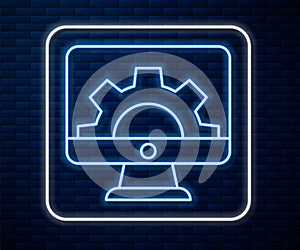 Glowing neon line Software, web development, programming concept icon isolated on brick wall background. Programming