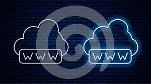 Glowing neon line Software, web development, programming concept icon isolated on brick wall background. Programming