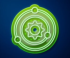 Glowing neon line Solar system icon isolated on blue background. The planets revolve around the star. Vector
