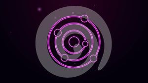 Glowing neon line Solar system icon isolated on purple background. The planets revolve around the star. 4K Video motion