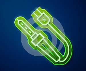 Glowing neon line Soldering iron icon isolated on blue background. Vector