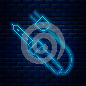 Glowing neon line Soldering iron icon isolated on brick wall background. Vector