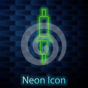 Glowing neon line Soldering iron icon isolated on brick wall background. Vector