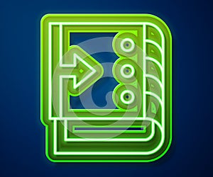 Glowing neon line Sound mixer controller icon isolated on blue background. Dj equipment slider buttons. Mixing console