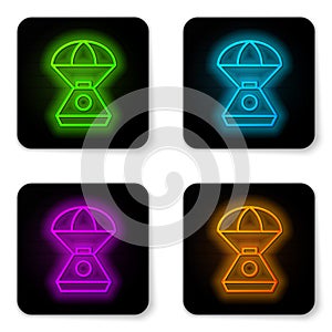 Glowing neon line Space capsule icon isolated on white background. Black square button. Vector