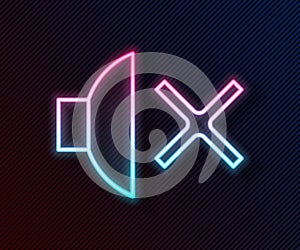 Glowing neon line Speaker mute icon isolated on black background. No sound icon. Volume Off symbol. Vector Illustration