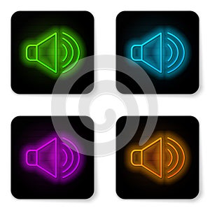 Glowing neon line Speaker volume, audio voice sound symbol, media music icon isolated on white background. Black square