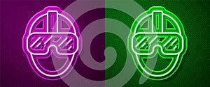 Glowing neon line Special forces soldier icon isolated on purple and green background. Army and police symbol of defense