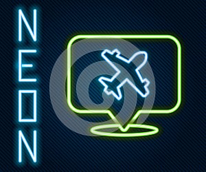 Glowing neon line Speech bubble with airplane travel icon isolated on black background. Plane flight transport sign