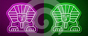 Glowing neon line Sphinx - mythical creature of ancient Egypt icon isolated on purple and green background. Vector