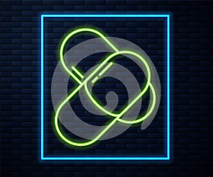 Glowing neon line Sports nutrition bodybuilding proteine power drink and food icon isolated on brick wall background