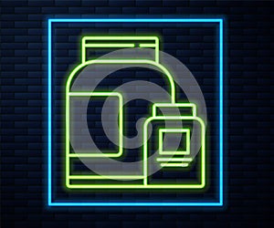 Glowing neon line Sports nutrition bodybuilding proteine power drink and food icon isolated on brick wall background