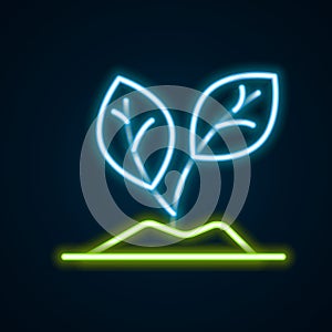 Glowing neon line Sprout icon isolated on black background. Seed and seedling. Leaves sign. Leaf nature. Colorful