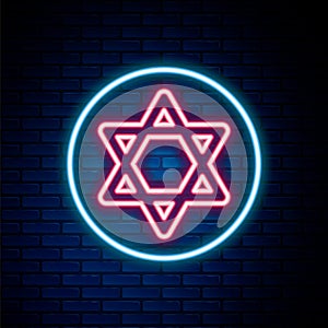 Glowing neon line Star of David icon isolated on brick wall background. Jewish religion symbol. Symbol of Israel