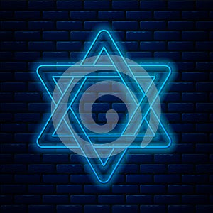 Glowing neon line Star of David icon isolated on brick wall background. Jewish religion symbol. Symbol of Israel. Vector