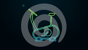 Glowing neon line Stationary bicycle icon isolated on black background. Exercise bike. 4K Video motion graphic animation