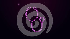 Glowing neon line Stethoscope medical instrument icon isolated on purple background. 4K Video motion graphic animation