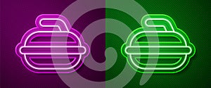 Glowing neon line Stone for curling sport game icon isolated on purple and green background. Sport equipment. Vector