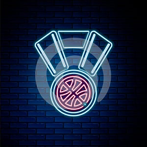 Glowing neon line Stopwatch with basketball ball inside icon isolated on brick wall background. Basketball time. Sport