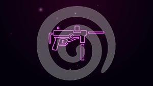 Glowing neon line Submachine gun M3, Grease gun icon isolated on black background. 4K Video motion graphic animation