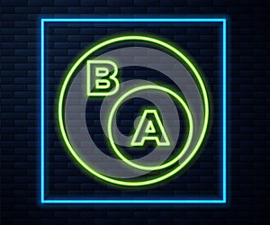 Glowing neon line Subsets, mathematics, a is subset of b icon isolated on brick wall background. Vector