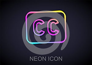 Glowing neon line Subtitles icon isolated on black background. Vector photo