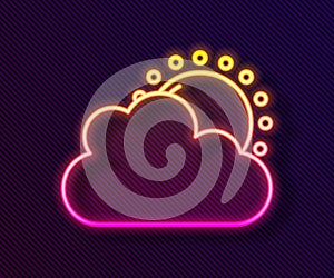 Glowing neon line Sun and cloud weather icon isolated on black background. Vector