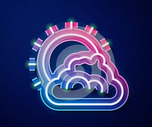 Glowing neon line Sun and cloud weather icon isolated on blue background. Vector