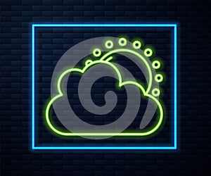 Glowing neon line Sun and cloud weather icon isolated on brick wall background. Vector
