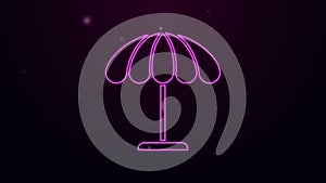 Glowing neon line Sun protective umbrella for beach icon isolated on purple background. Large parasol for outdoor space