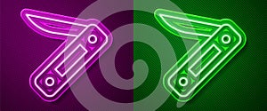 Glowing neon line Swiss army knife icon isolated on purple and green background. Multi-tool, multipurpose penknife