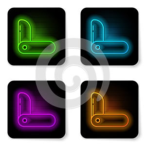 Glowing neon line Swiss army knife icon isolated on white background. Multi-tool, multipurpose penknife. Multifunctional