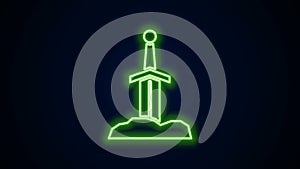 Glowing neon line Sword in the stone icon isolated on black background. Excalibur the sword in the stone from the