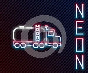 Glowing neon line Tanker truck icon isolated on black background. Petroleum tanker, petrol truck, cistern, oil trailer