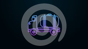 Glowing neon line Tanker truck icon isolated on black background. Petroleum tanker, petrol truck, cistern, oil trailer