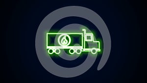 Glowing neon line Tanker truck icon isolated on black background. Petroleum tanker, petrol truck, cistern, oil trailer